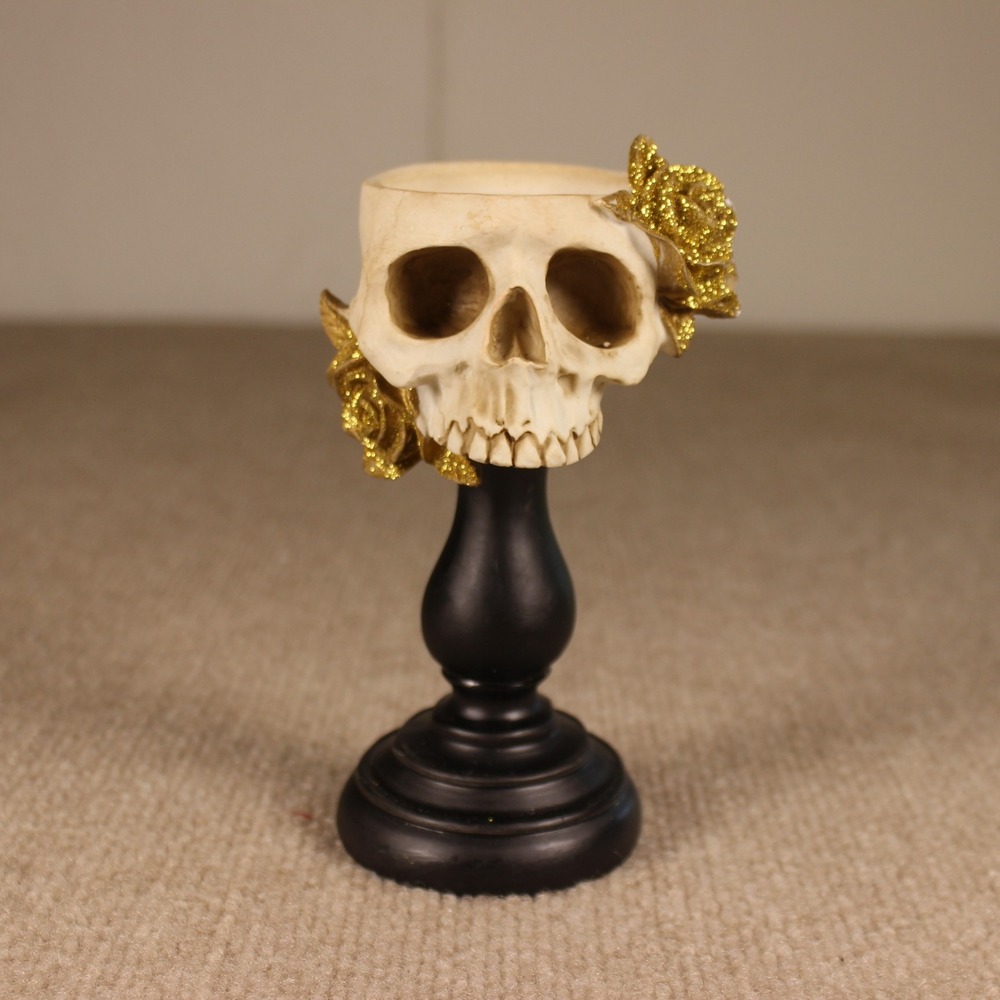 Gothic Skull Candle Holder Gold Glitter Roses Black Pedestal Halloween Decor